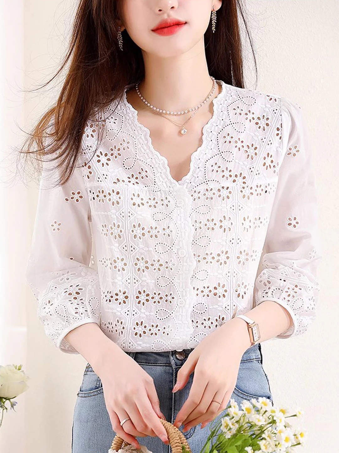 Elegant V-Neck Embroidered Hollow Out Lace Blouse Top