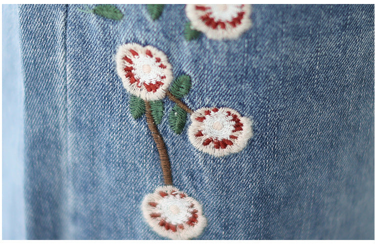 Trend Pockets Embroidered Elastic Waist Denim Pants Autumn