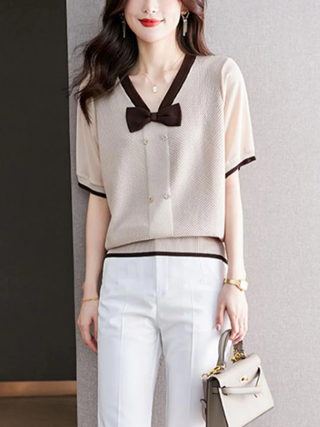 Elegant V-Neck Bow Knit Short Sleeve Blouse Top