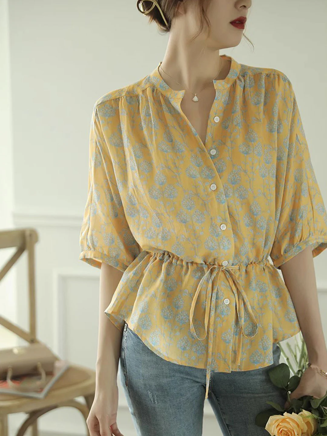 Elegant V-Neck Floral Print Cardigan Shirt Top