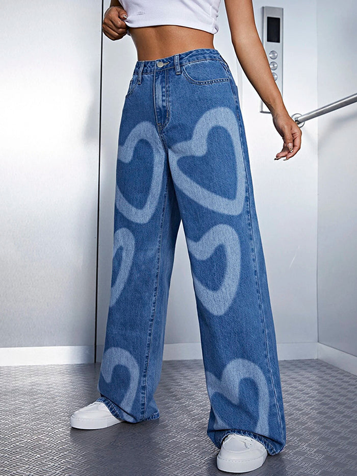 Wide Leg Heart Shape Printed Denim Pants