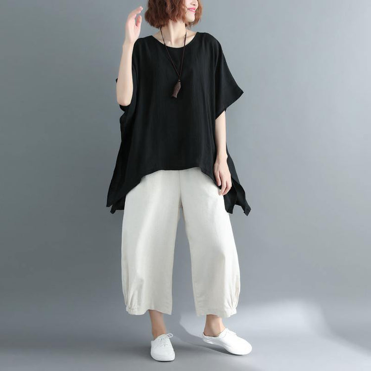 black cotton linen Vest trendy plus size linen clothing blouses boutique short sleeve o neck brief t shirt