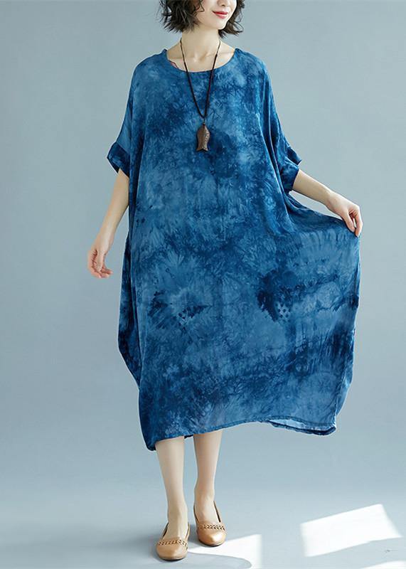 blue long linen dress plus size O neck floral linen clothing dresses casual short sleeve baggy dresses linen caftans