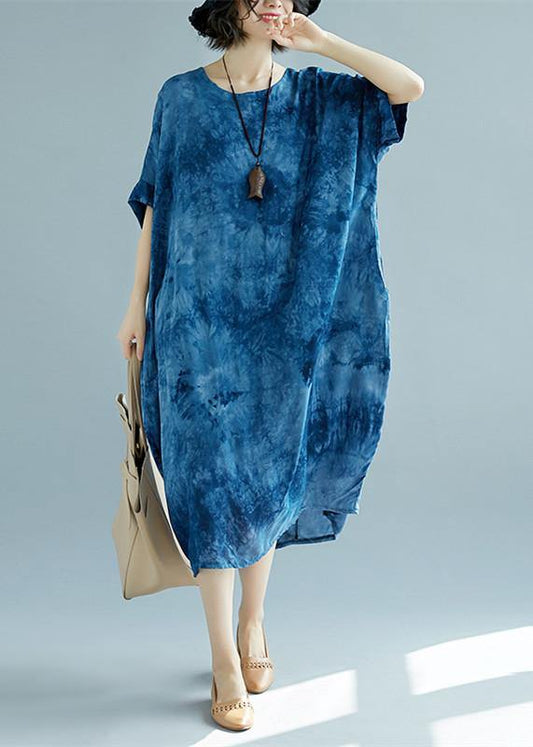 blue long linen dress plus size O neck floral linen clothing dresses casual short sleeve baggy dresses linen caftans