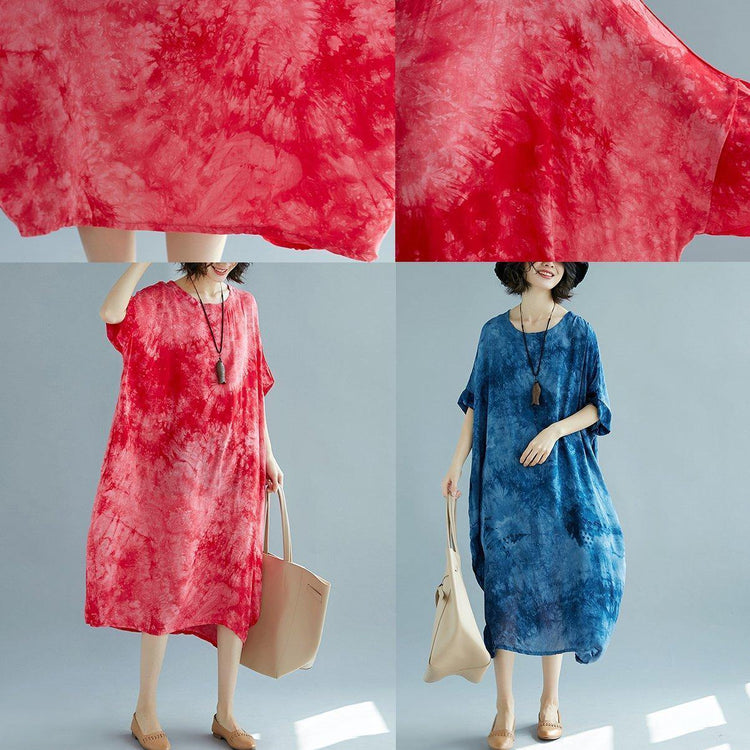 blue long linen dress plus size O neck floral linen clothing dresses casual short sleeve baggy dresses linen caftans