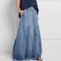 Women Distressed Solid Color Elastic Waist Loose Denim Skirt With Pocket