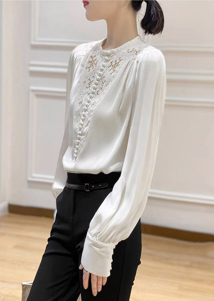 2024 White O-Neck Embroidered Floral Silk Shirt Long Sleeve