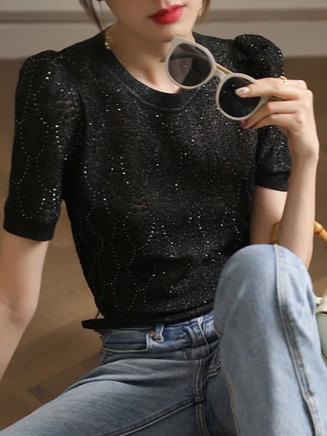 Elegant Round Neck Hollow Out Perm Knit Short Sleeve Shirt Top