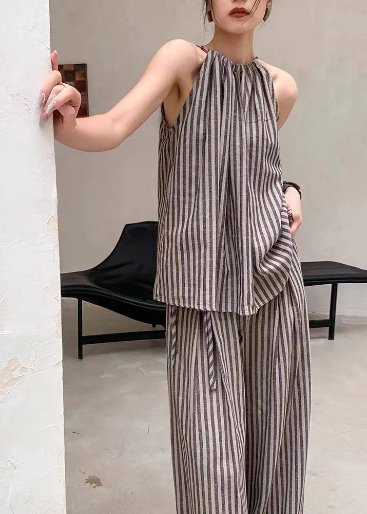 French Fashion Coffee Striped Top Summer