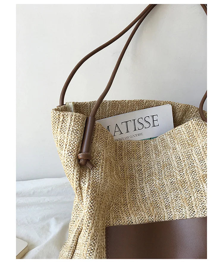 Handbags Straw Woven Tote Bag with Leather Accent