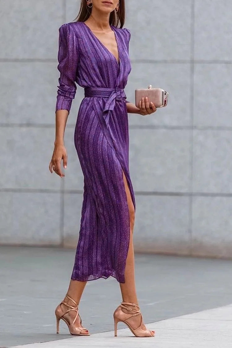 Elegant Striped Patchwork Asymmetrical V Neck Waist Dresses