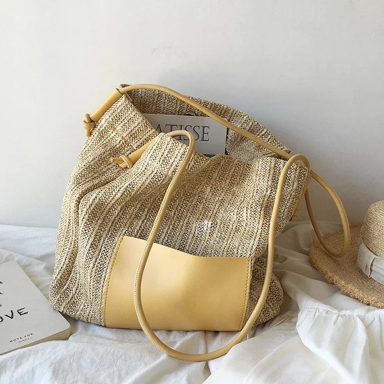 Handbags Straw Woven Tote Bag with Leather Accent