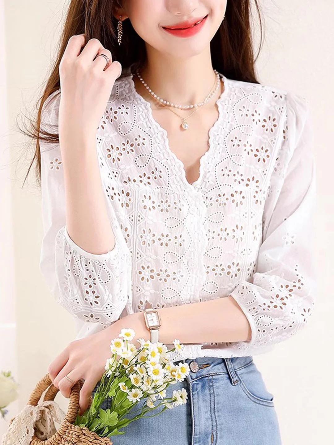 Elegant V-Neck Embroidered Hollow Out Lace Blouse Top