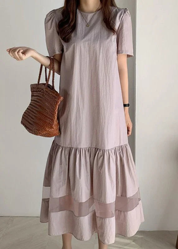 Fitted Light Purple O-Neck Patchwork Wrinkled Cotton Long Dresses Summer