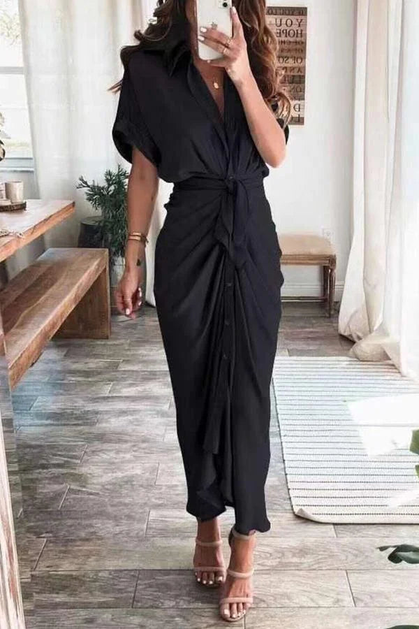 Amazing Satin Button Down Style Drape Dress