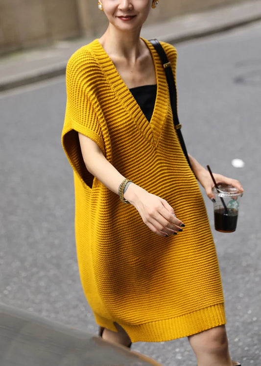 Loose Yellow V Neck Side Open Knit Waistcoat Dress Fall