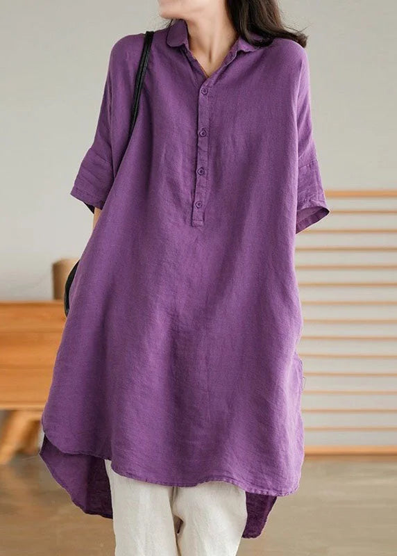 Style Purple Peter Pan Collar Button Linen Shirts Summer