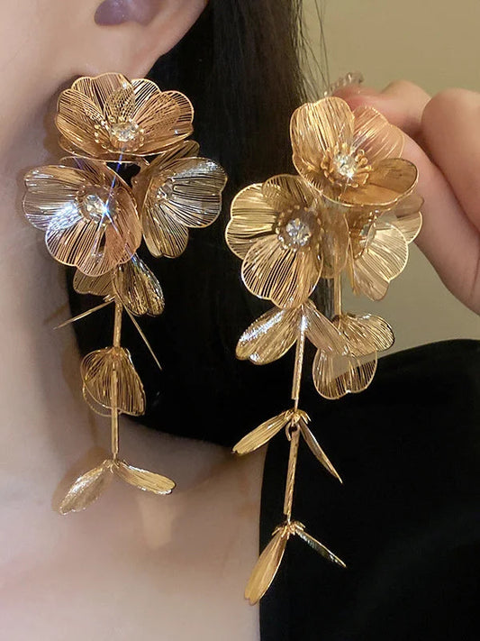 Flower Shape Geometric Rhine Stones Drop Earrings