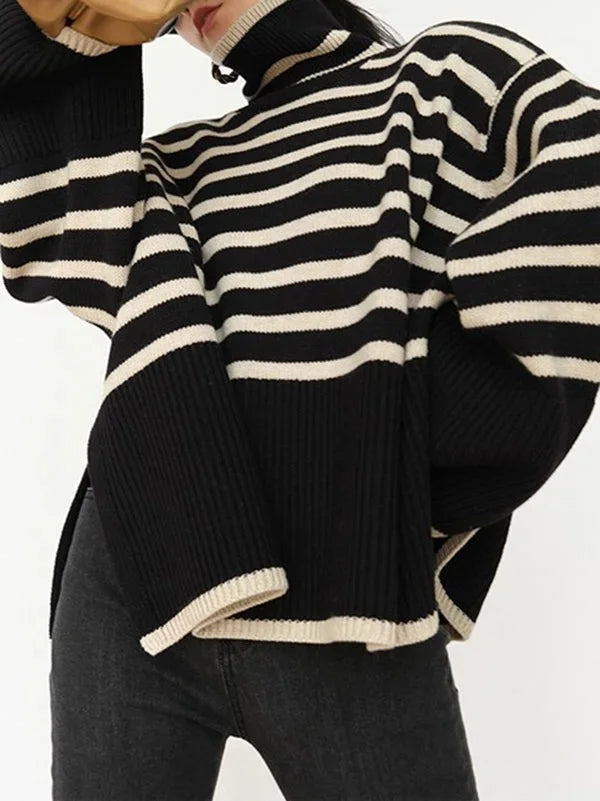 Modern Black Turtle Neck Striped Knit Sweater