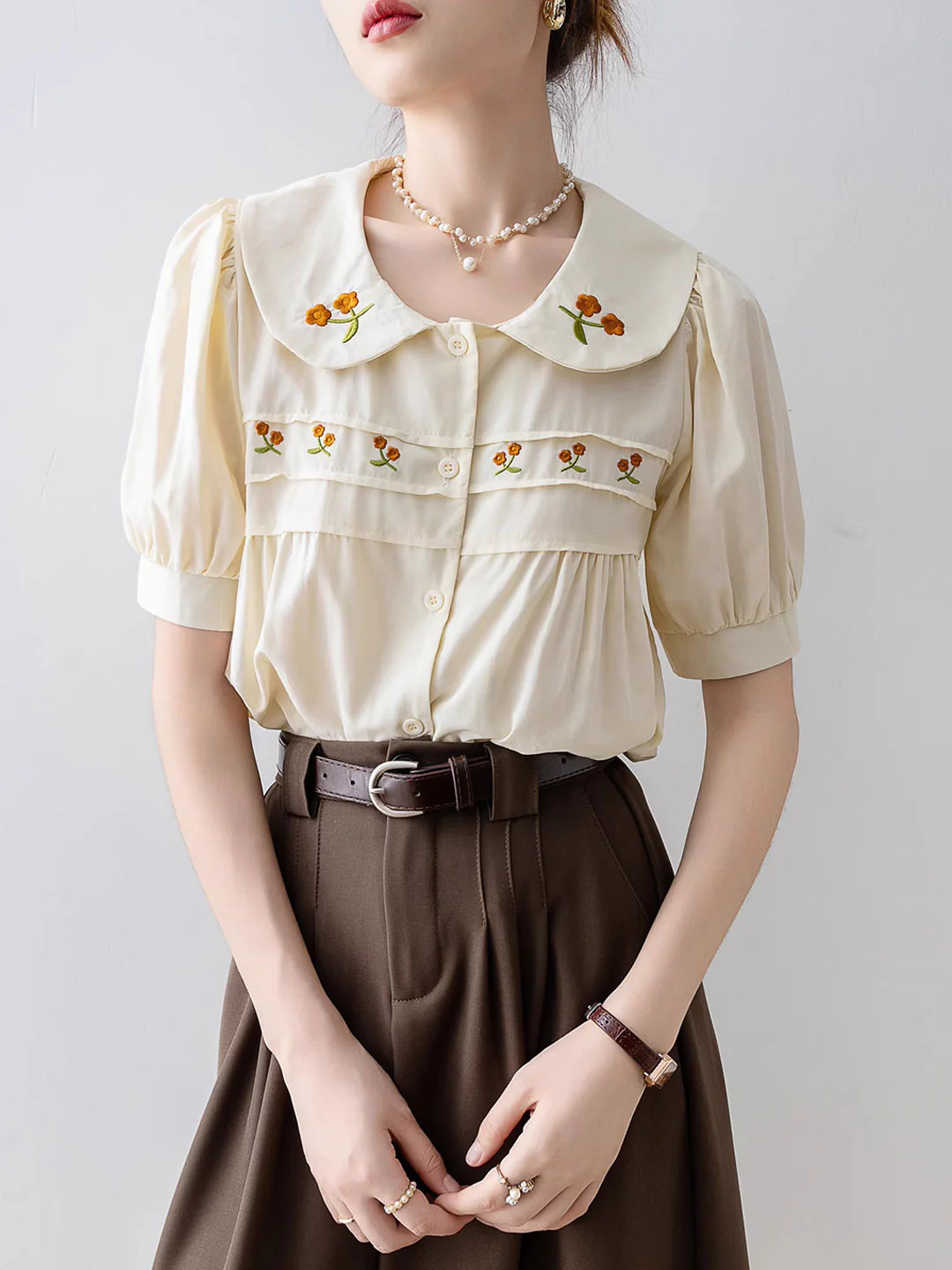 Casual Doll Neck Embroidered Cardigan Shirt Short Sleeve Top