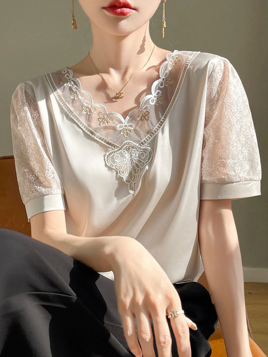 Elegant V-neck Cutout Lace Satin Short Sleeve Blouse Top