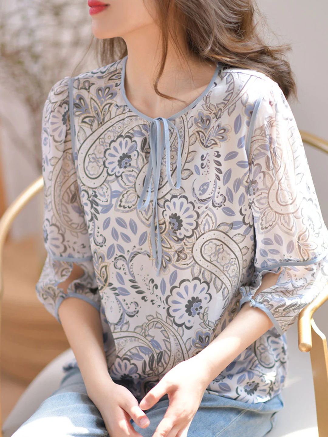 Elegant Lantern Sleeve Printed Tie Color Clash Blouse Top