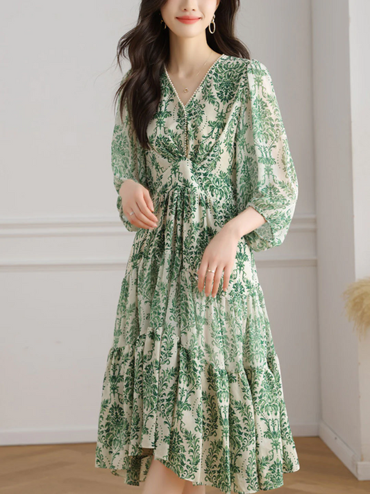 French V-Neck Lantern Sleeve Printed Long Dress