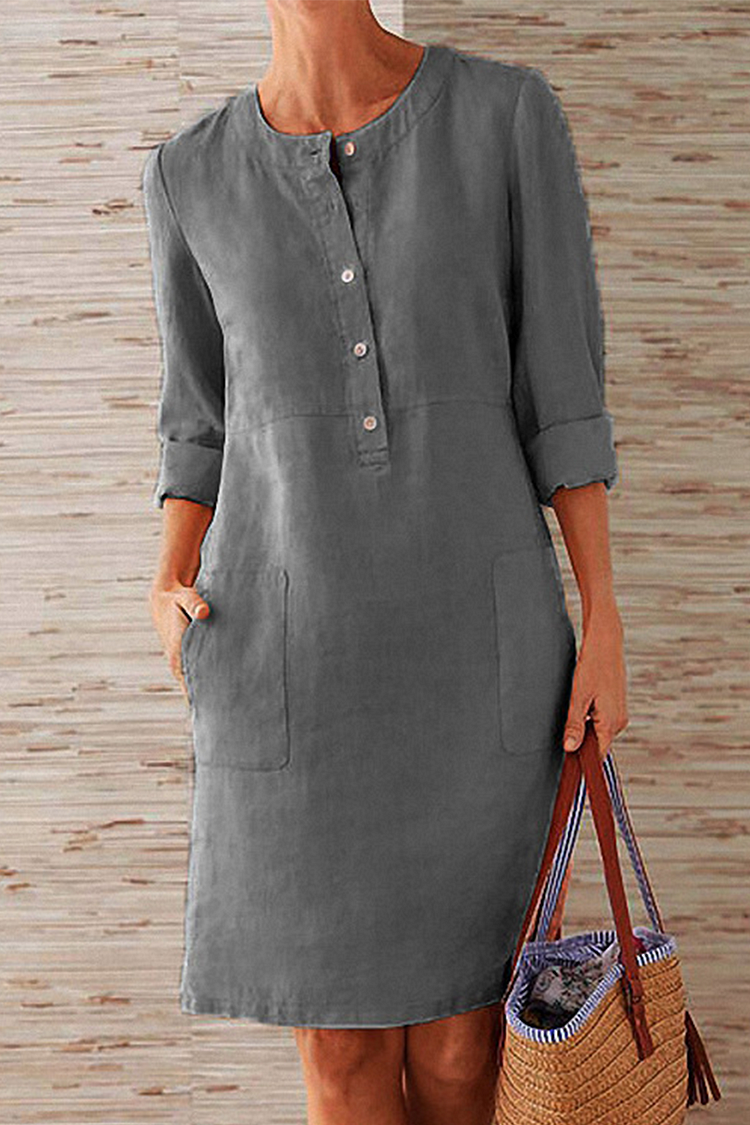 Casual Solid Pocket Buckle O Neck Long Sleeve Dresses(6 Colors)