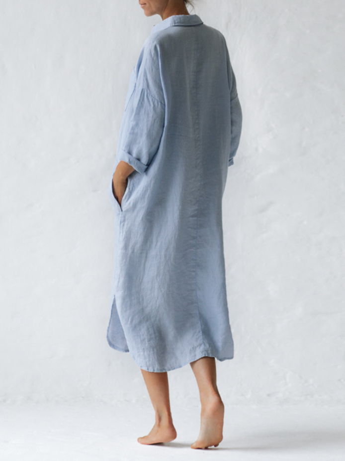 Cotton Linen A-Line Shirt Long Dress