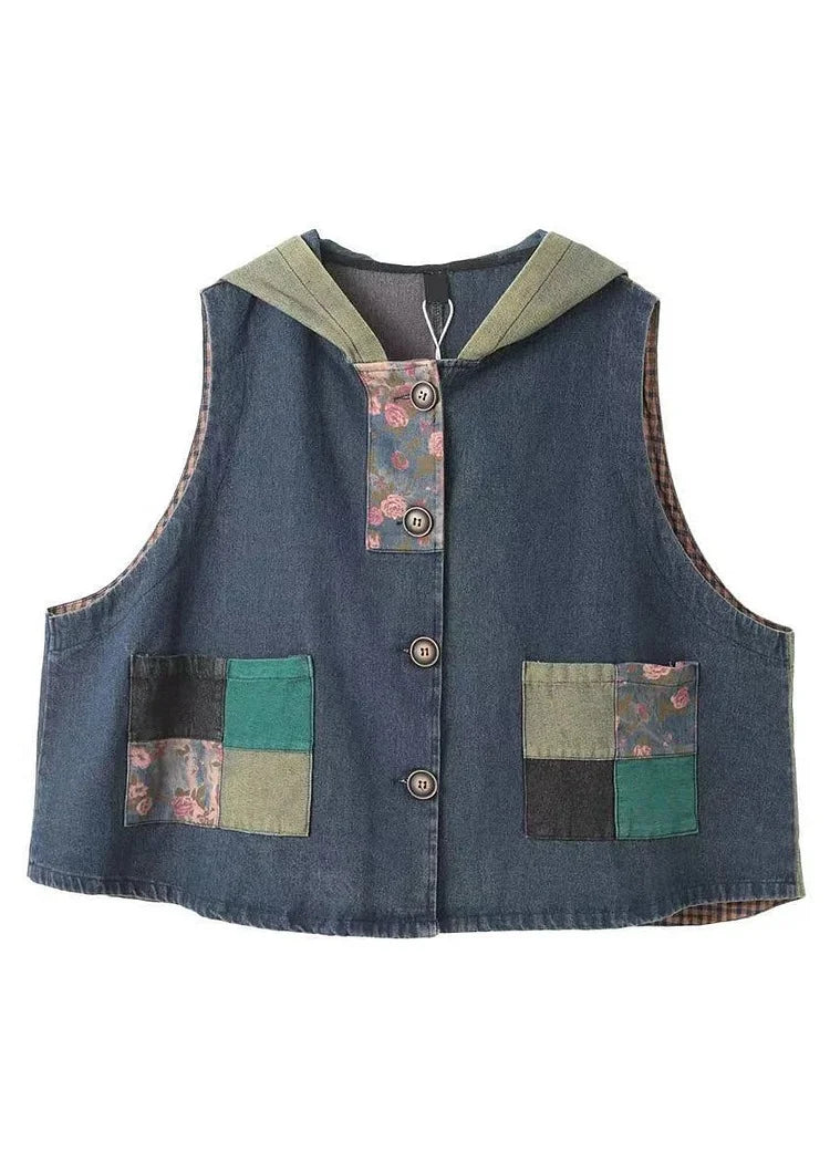 Casual Blue Print Pockets Patchwork Denim Hoodies Vest Fall