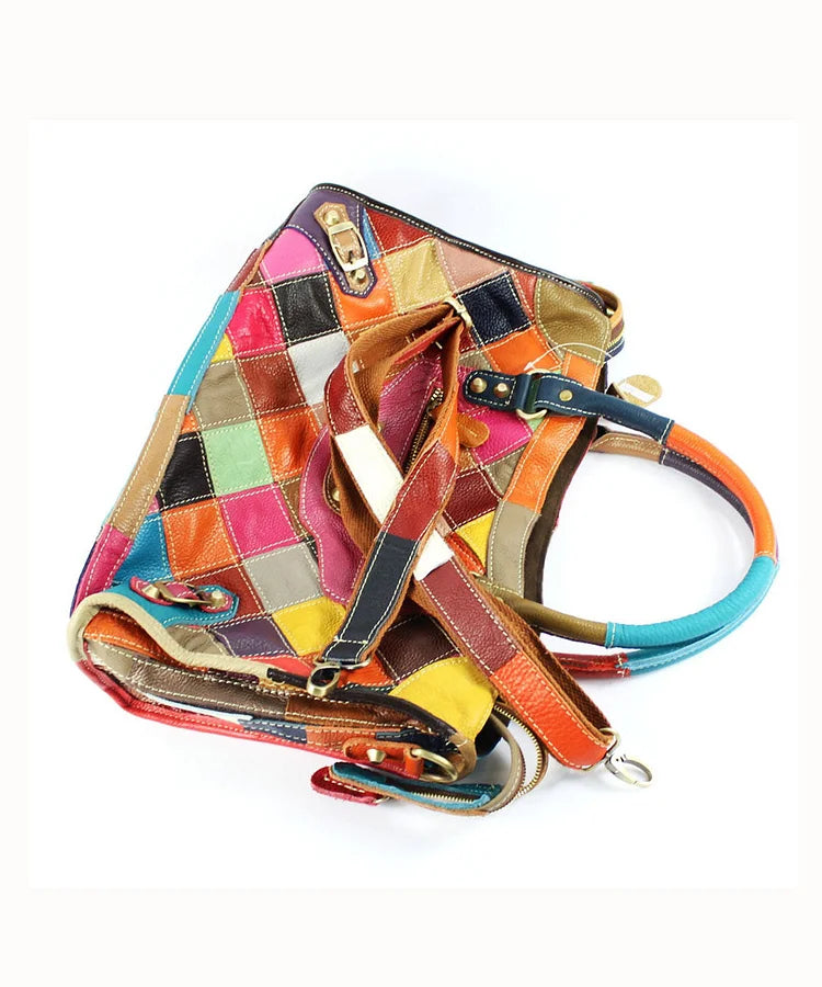 Elegant Colorblock Rivet Zippered Patchwork Calf Leather Tote BAG