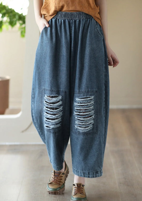 Hollow Elasticity Loose Denim Harem Pants