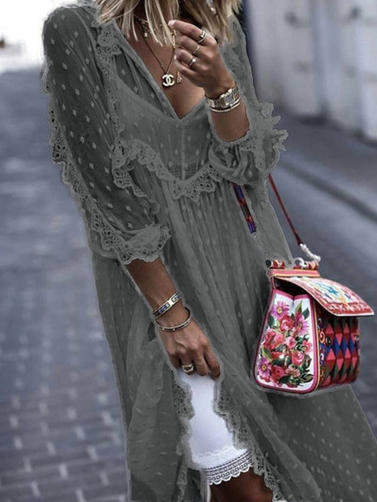 White Jacquard Polka Dot See-through Maxi Dress Long Sleeve