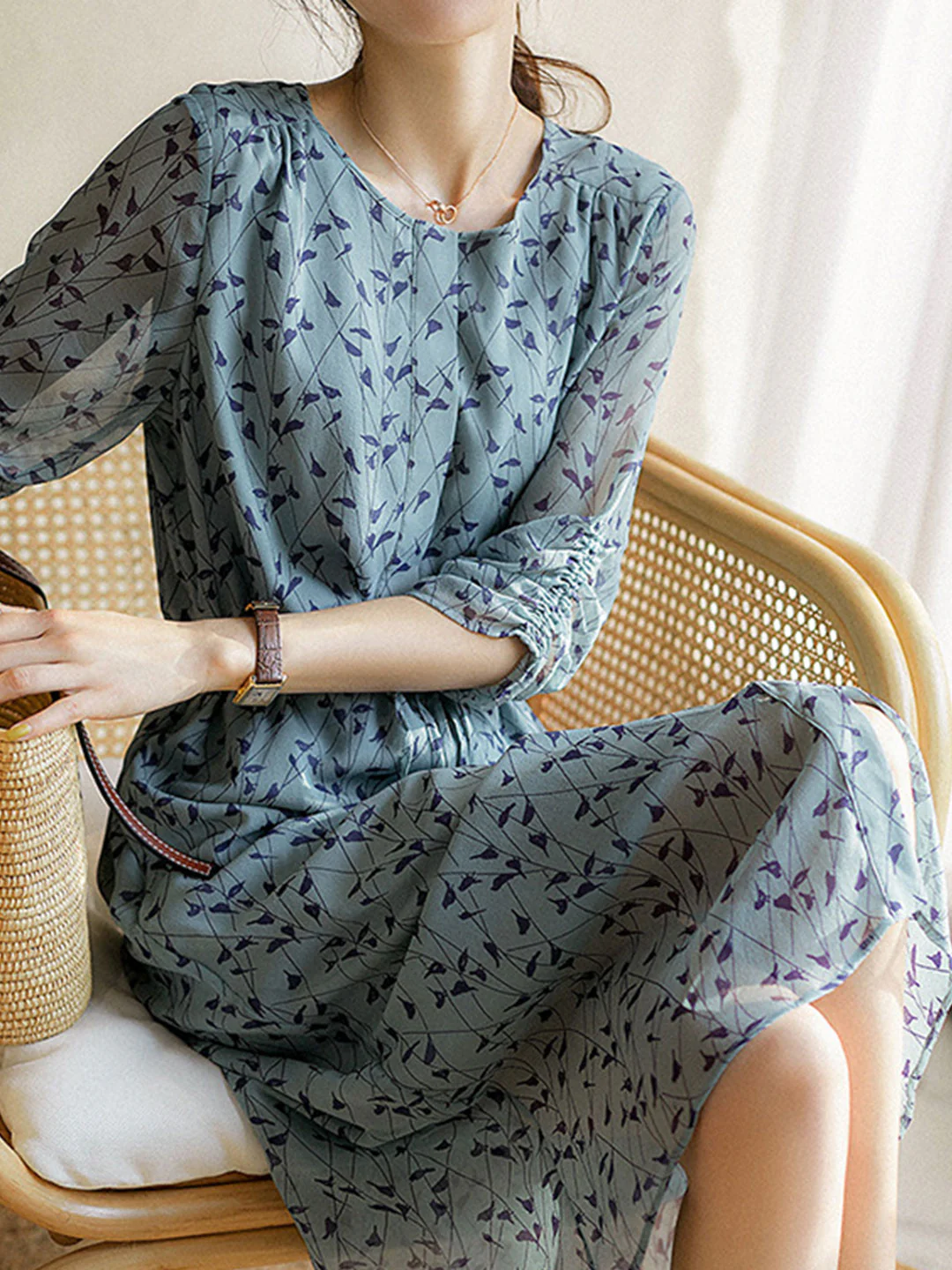 Elegant Round Neck Printed Department Short Sleeve Dress