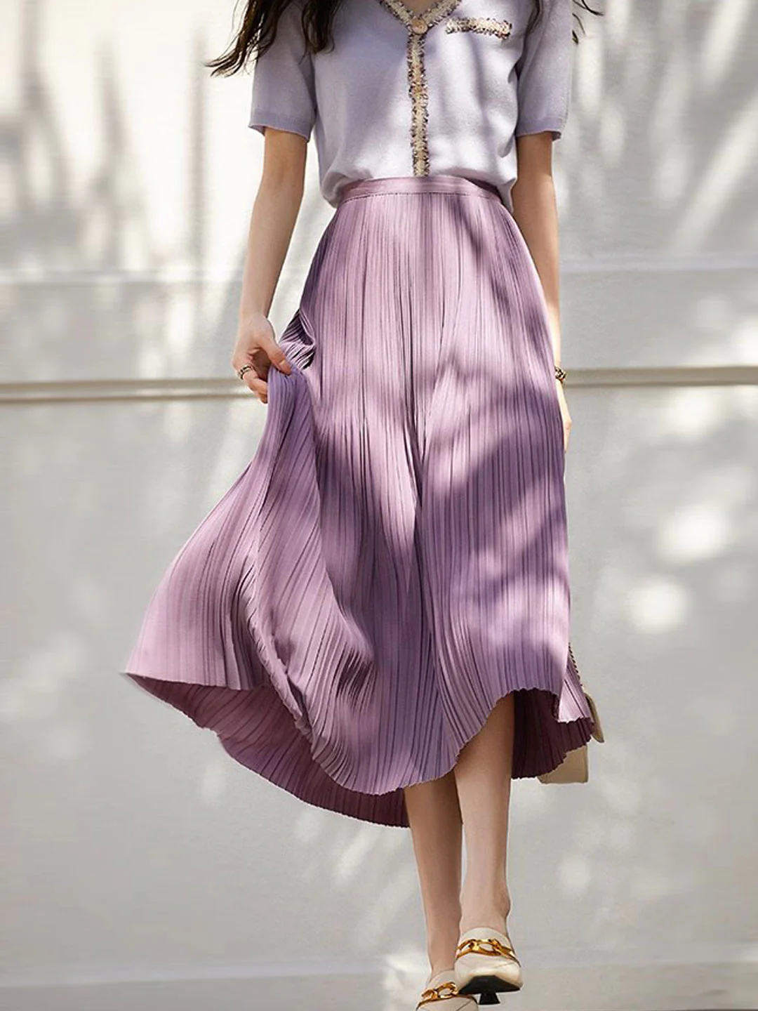 Elegant Patchwork Long Pleated Skirt