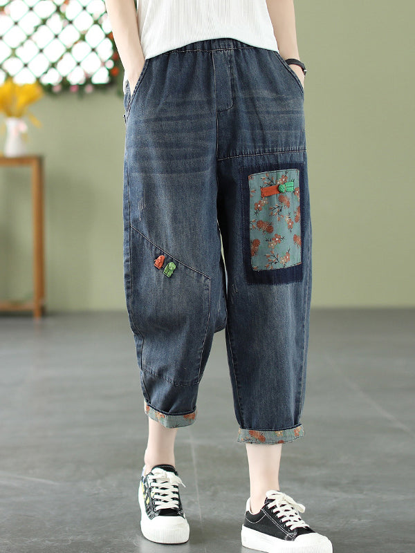 Vintage Artistic Patch Denim Pants