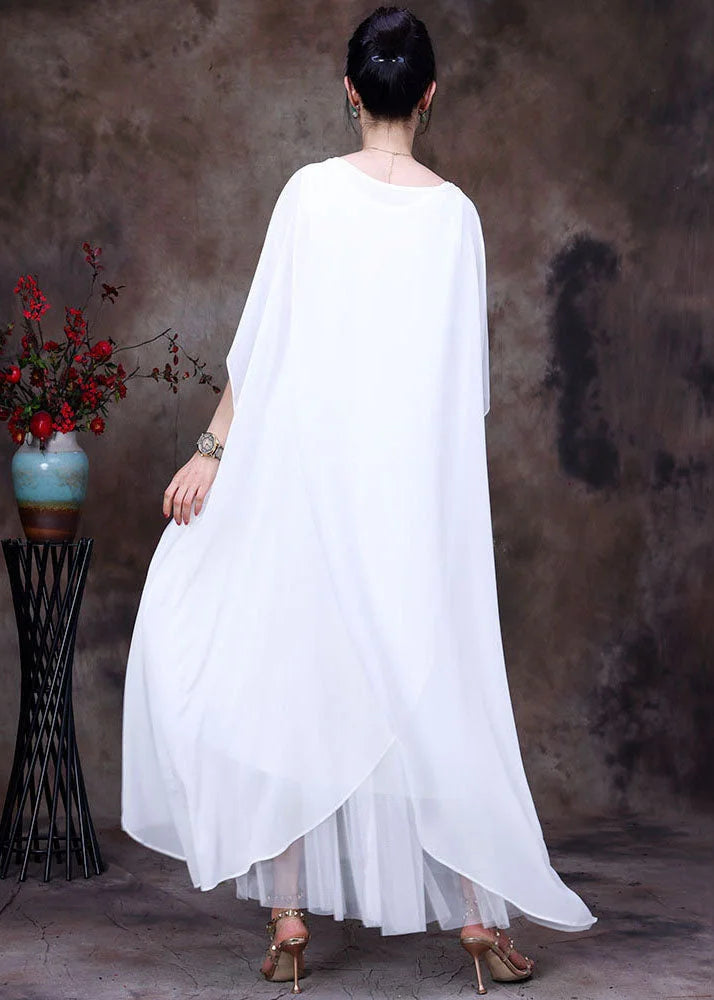 Bohemian White O-Neck asymmetrical design Chiffon Cloak Dress Batwing Sleeve