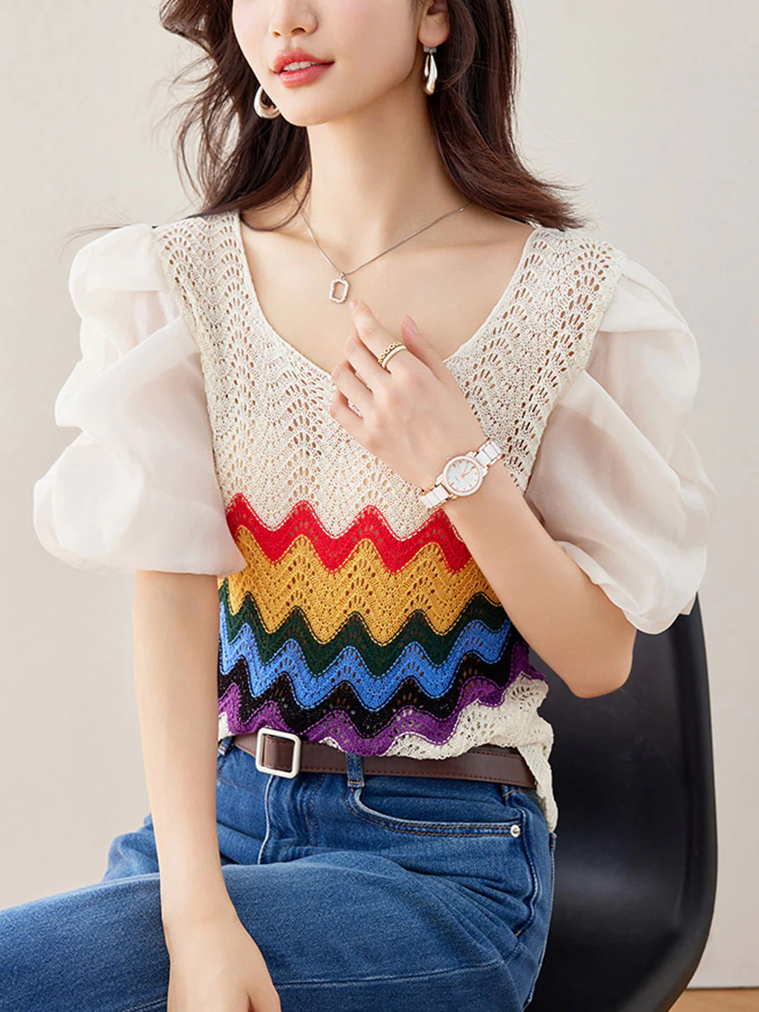 Elegant Patchwork Bubble Sleeve Cutout Knit Top