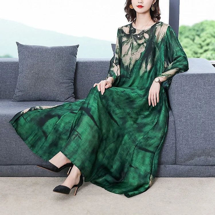 Loose Casual Green Print Beach Maxi Midi Dress