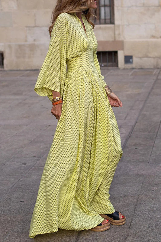 Casual Yellow Print V Neck Dresses