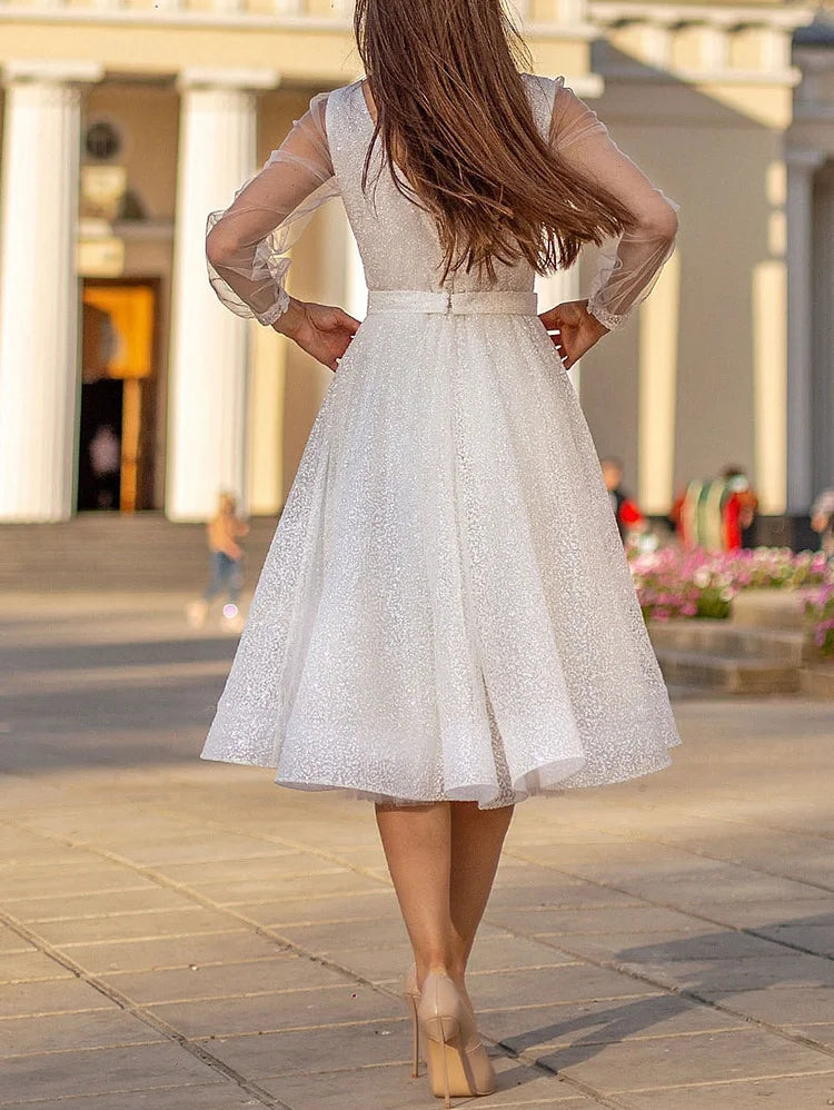 White Elegant Plain Sequin Long Sleeve A-Line Midi Tunic Dress