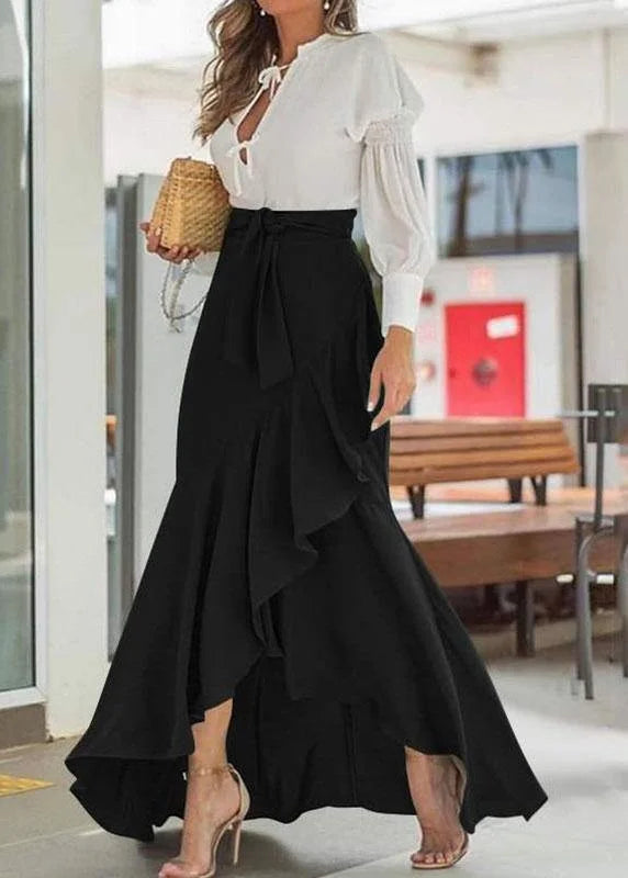 Solid Color High Waist Ruffle High Low Hem Swing Maxi Skirts For Women