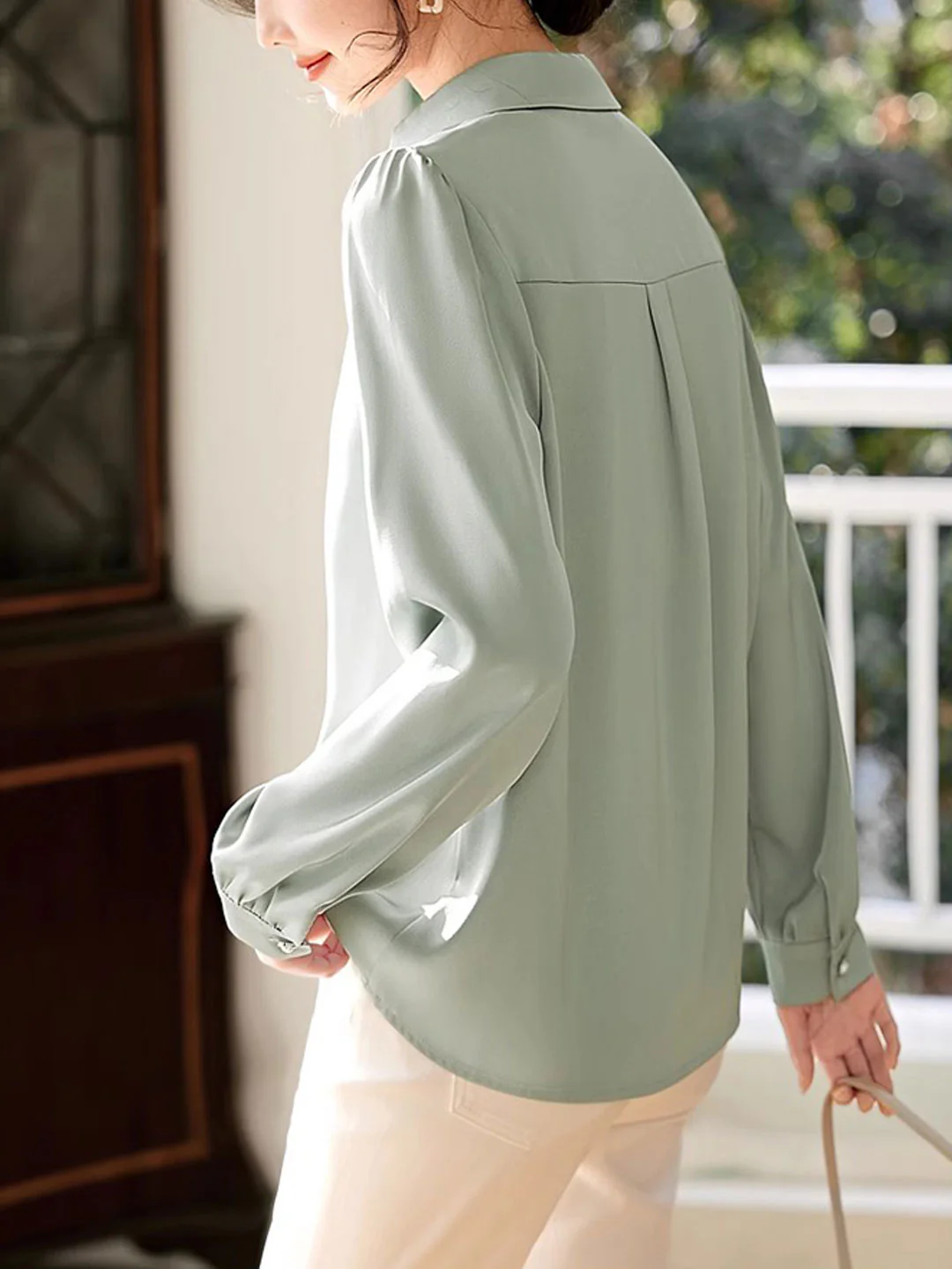 French V-Neck Lapel Satin Long Sleeve Shirt Top