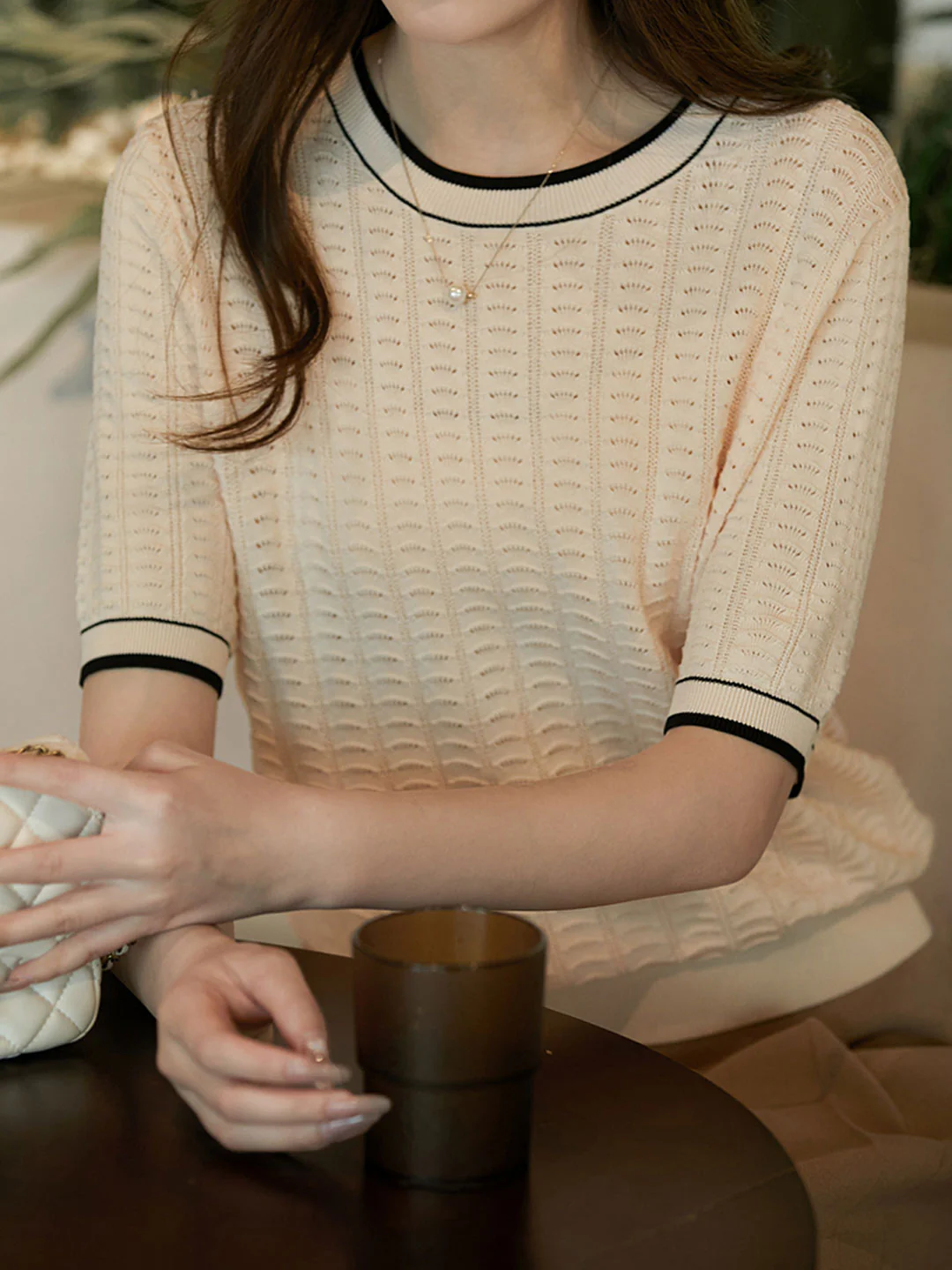 Elegant Round Neck Knit Short Sleeve Shirt Top