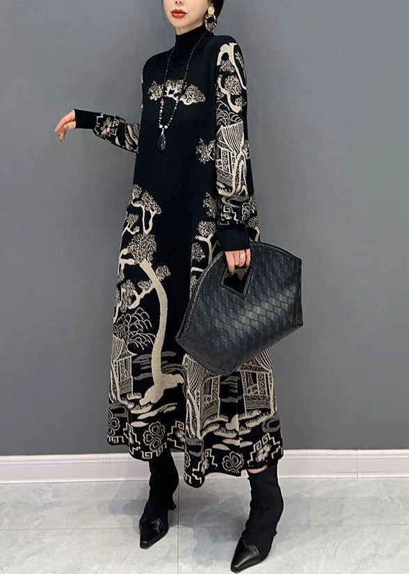 Chinese Style Black Hign Neck Print Knit Dresses Winter