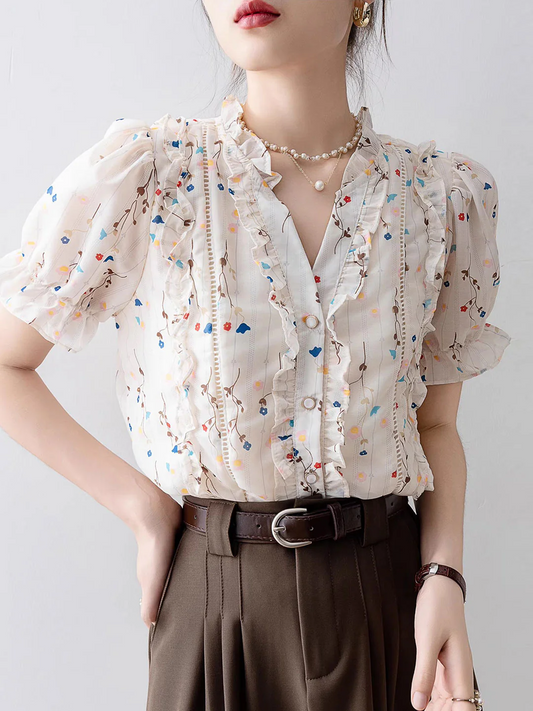 Elegant V-Neck Printed Chiffon Ruffle Short Sleeve Blouse Top