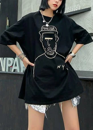 French Black O Neck Cartoon Print Half Sleeve T Shirt