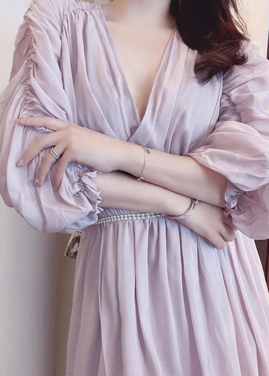 Elegant Light Purple V Neck Asymmetrical Pearl Tie Waist Silk Maxi Dress Puff Sleeve