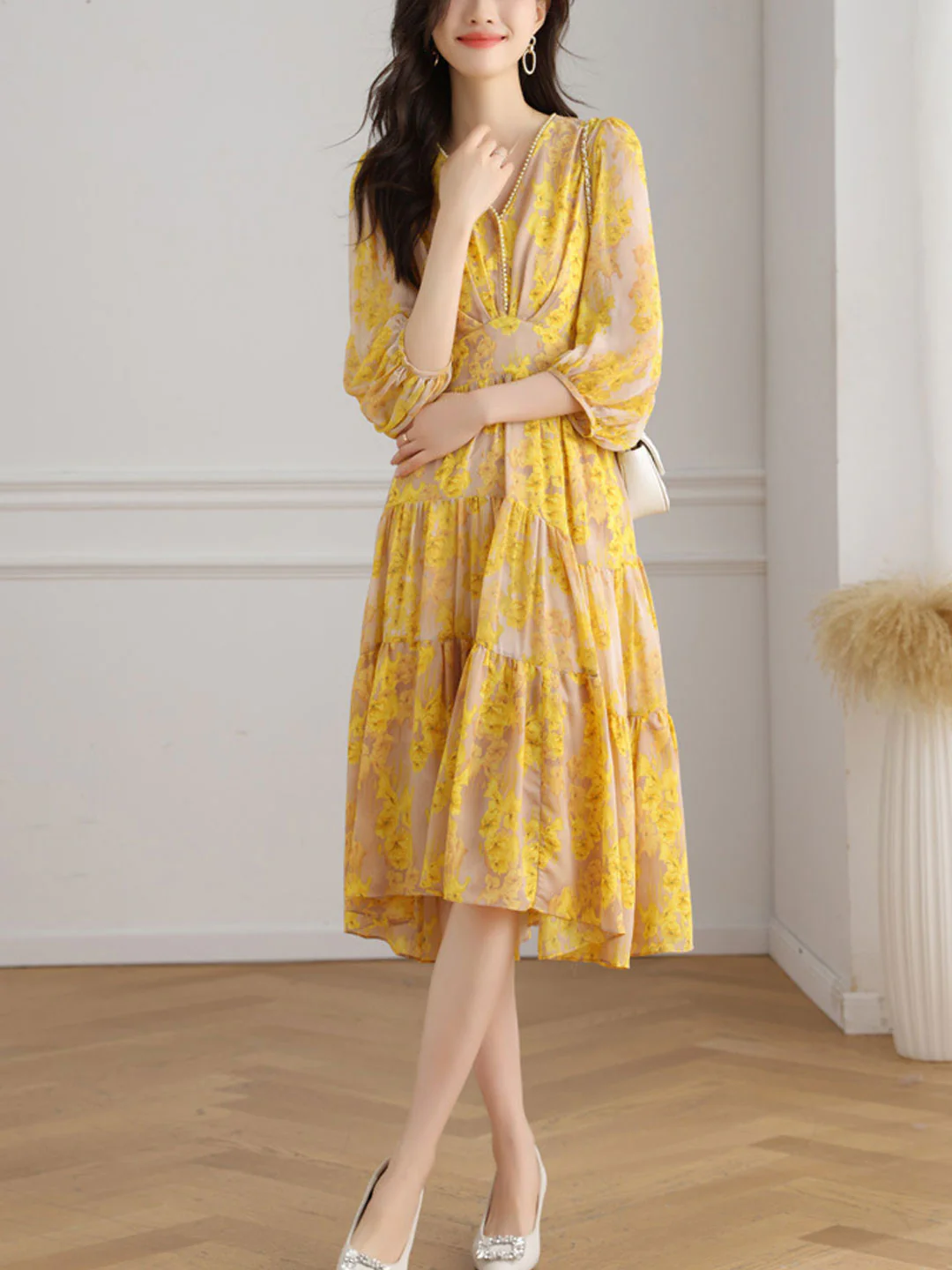 French V-Neck Lantern Sleeve Printed Long Dress