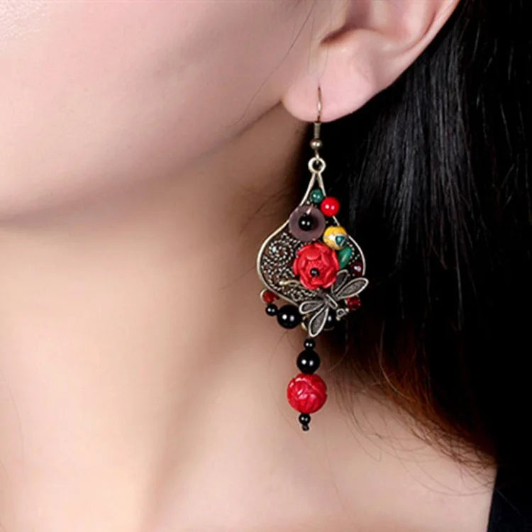 Red Flower Alloy Dragonfly Retro Earrings